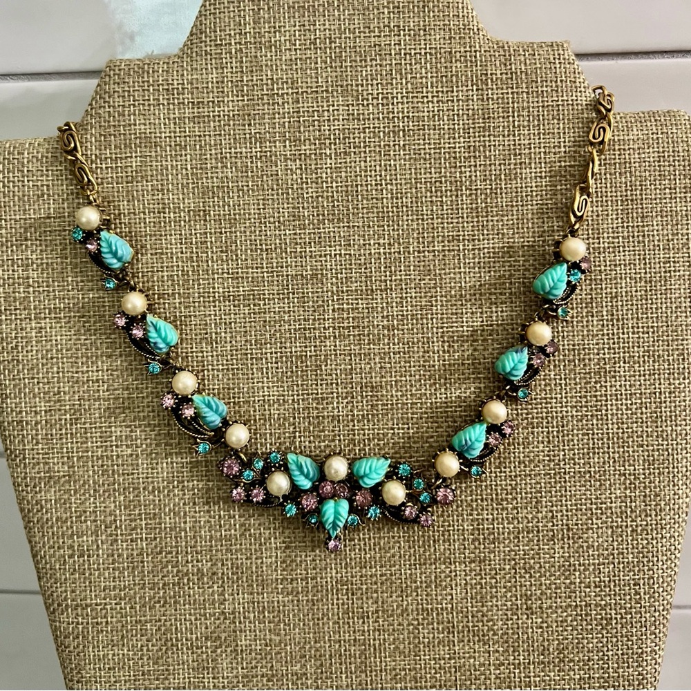 Vintage Hollycraft Florenza Turquoise Leaf and Gold Necklace